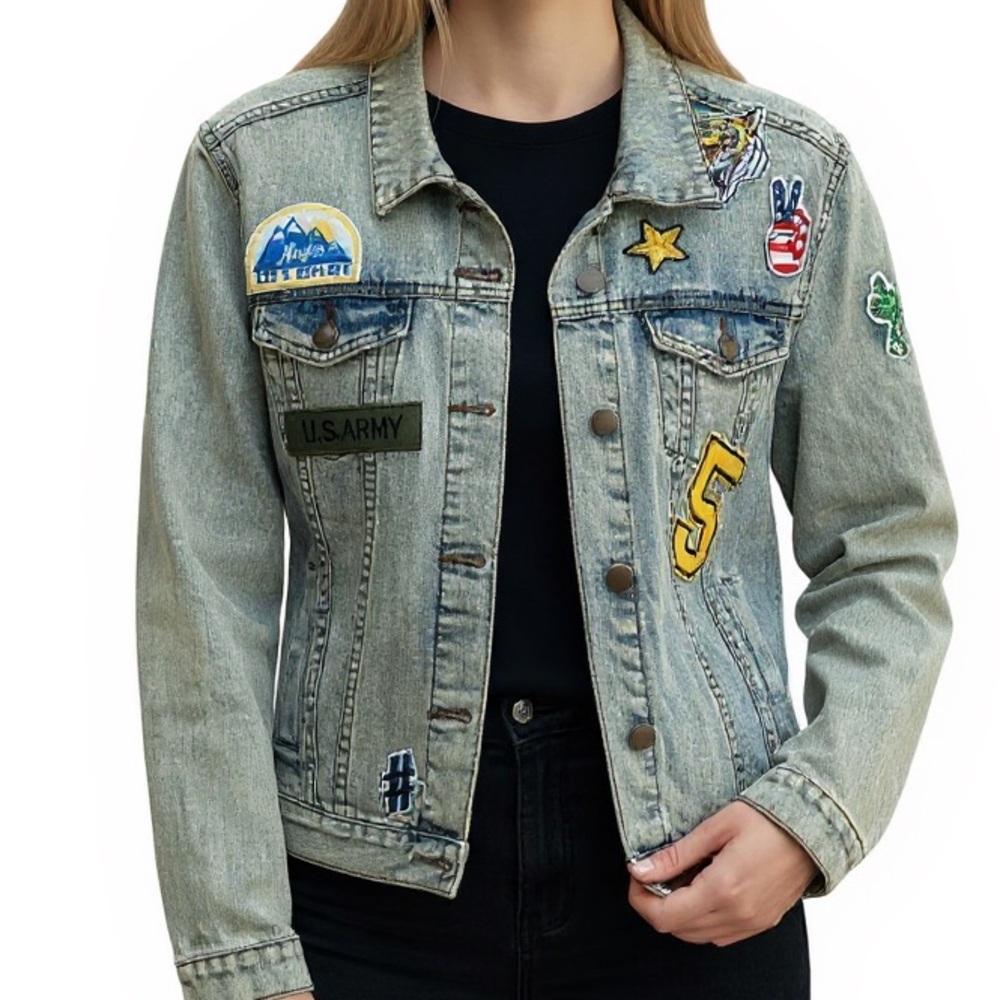 Velvet Heart Crystal Button Light Wash Denim
Patch Denim Jacket